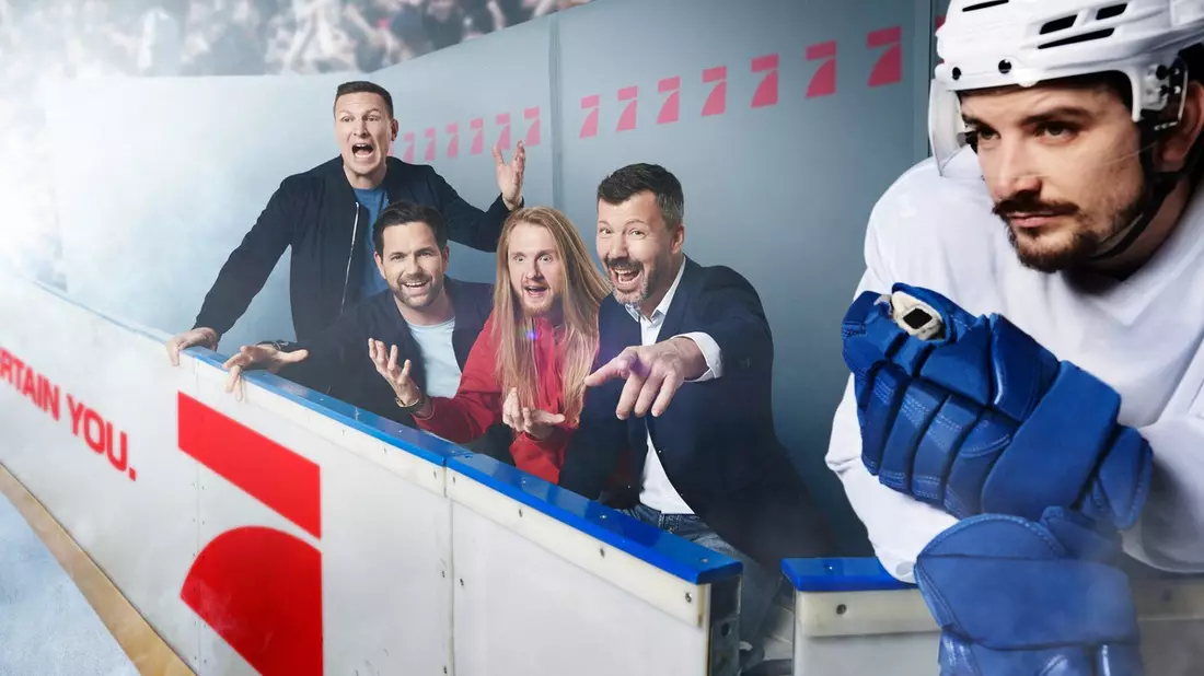 Basti Schwele Matthias Killing Christoph Icke Dommisch Rick Goldmann ran Eishockey live - Bild: Seven.One/Marc Rehbeck, presseportal.de