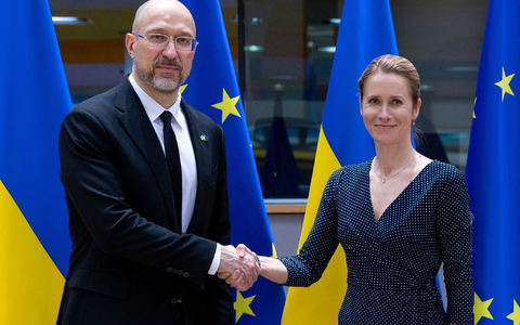 Symbolisch am Europatag reiste die EU-Außenbeauftragte Kaja Kallas (r) in Begleitung von Außenministern der EU-Staaten ins westukrainische Lwiw (Lemberg) unter anderem zu Gesprächen mit dem ukrainischen Regierungschef Denys Schmyhal (l) (Archivbild) - Foto: Omar Havana/AP/dpa