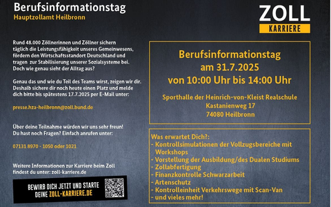 HZA-HN: Zoll Schnuppertag am 31. Juli 2025/ Infoveranstaltung für ausbildungs- und studieninteressierte Jugendliche - Foto: presseportal.de HZA-HN: Zoll Schnuppertag am 31. Juli 2025/ Infoveranstaltung für ausbildungs- und studieninteressierte Jugendliche - Foto: presseportal.de