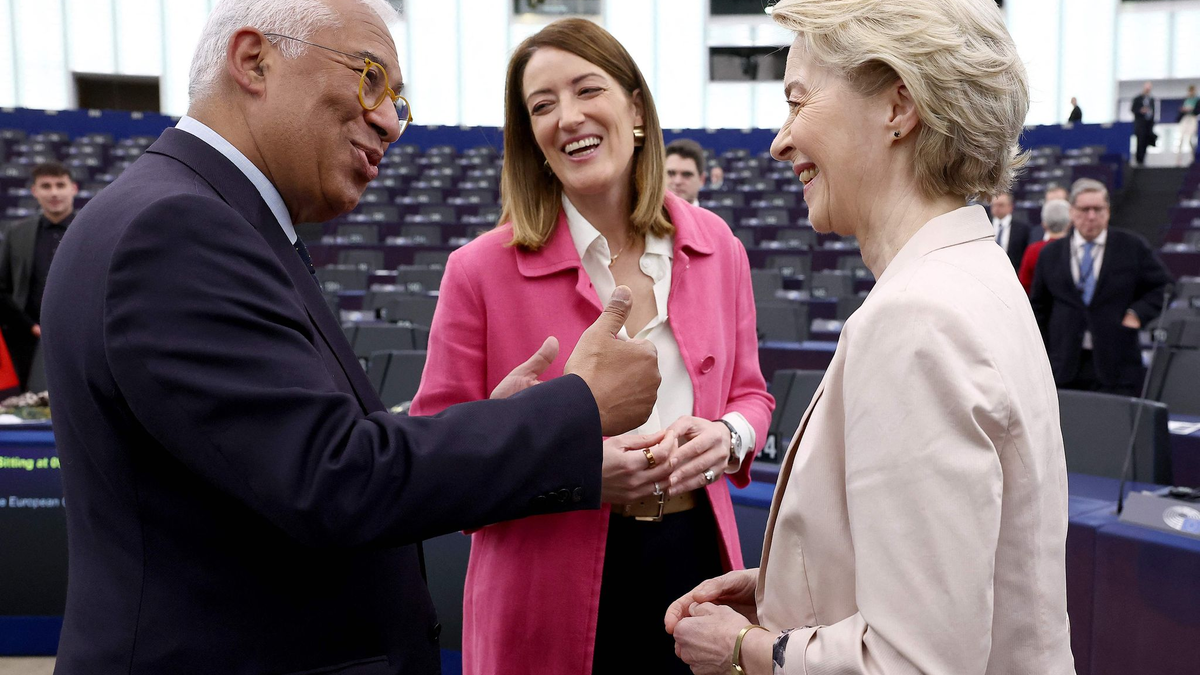 Zu dritt 200 Kilometer im Charter-Jet: Costa, Metsola und von der Leyen. - Foto: Frederick Florin/AFP/dpa