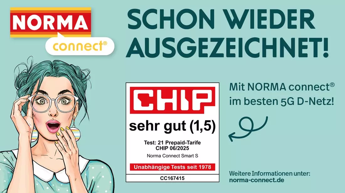 NORMA Connect überzeugt mit der Note sehr gut (1,5) im Prepaid-Tarif Smart S / Ausgezeichnete Netzqualität, Kosten und Service - Bild: presseportal.de