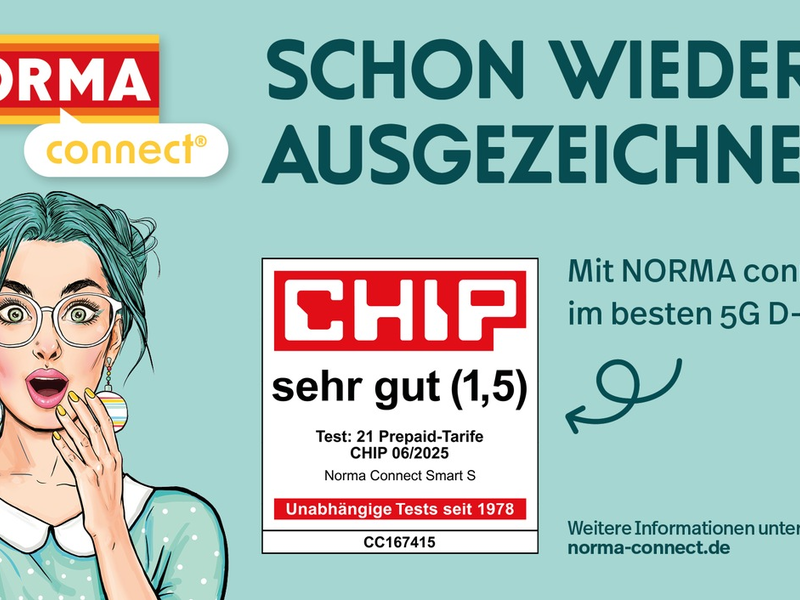 NORMA Connect überzeugt mit der Note sehr gut (1,5) im Prepaid-Tarif Smart S / Ausgezeichnete Netzqualität, Kosten und Service - Foto: presseportal.de