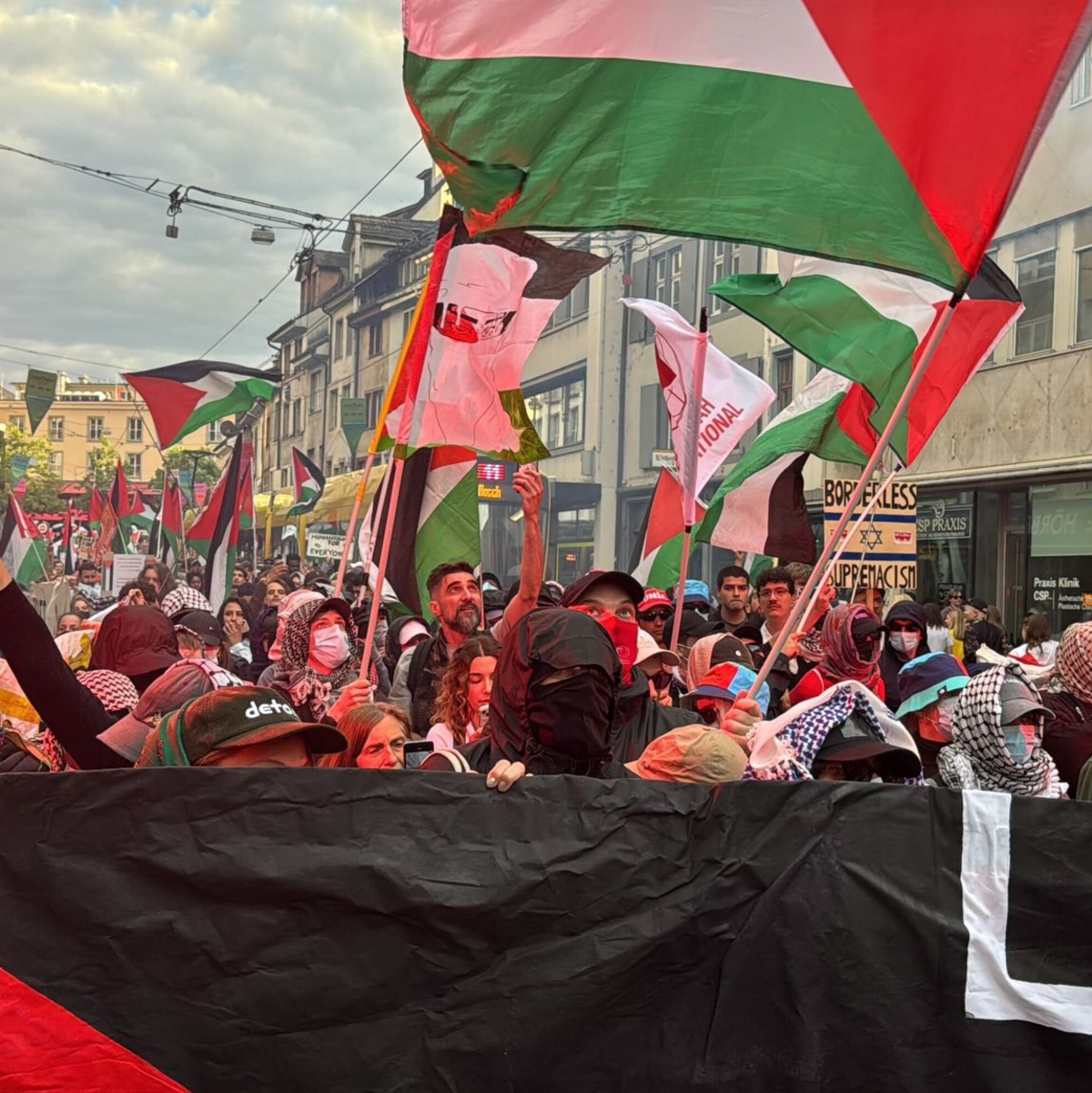 Polizisten stellen sich einer Pro-Palästina-Demonstration entgegen. - Foto: Aleksandra Bakmaz/dpa