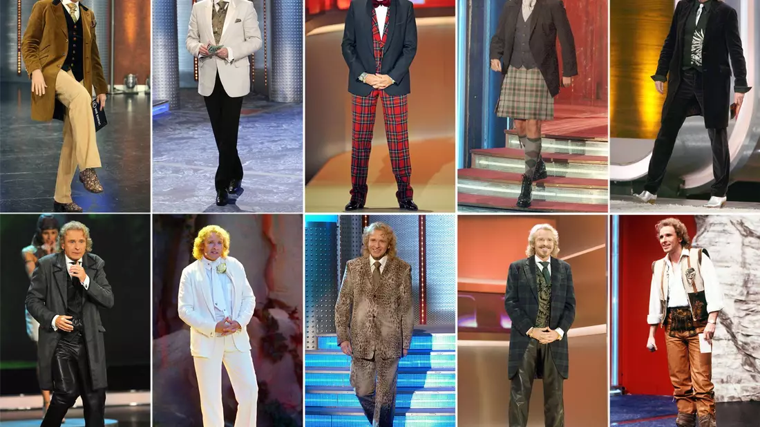 Die Bildkombo zeigt Moderator Thomas Gottschalk in verschiedenen Outfits beim Auftritt in der ZDF-Show «Wetten, dass..?» (Archivfotos).  - Bild: dpa