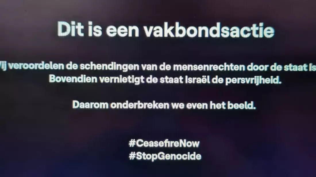Dieses Videostandbild zeigt zu Beginn der Fernsehübertragung des zweiten Halbfinales des Eurovision Song Contest 2024 in Malmö eine Botschaft der Gewerkschaften des flämischen öffentlich-rechtlichen Rundfunks VRT. - Bild: Stringer/Belga/dpa