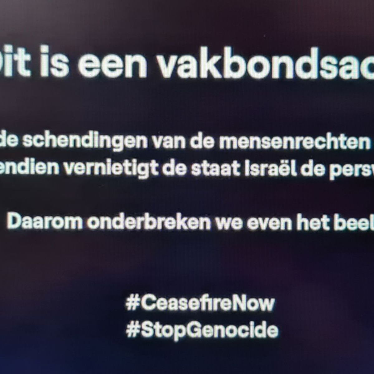 Dieses Videostandbild zeigt zu Beginn der Fernsehübertragung des zweiten Halbfinales des Eurovision Song Contest 2024 in Malmö eine Botschaft der Gewerkschaften des flämischen öffentlich-rechtlichen Rundfunks VRT. - Foto: Stringer/Belga/dpa