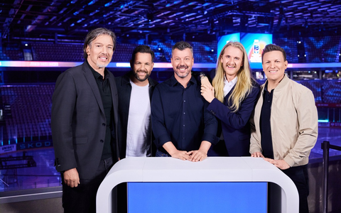 Uwe Krupp Matthias Killing Rick Goldmann Christoph Icke Dommisch Basti Schwele ran Eishockey live - Foto: Joyn/ProSieben/Theis Poulsen, presseportal.de