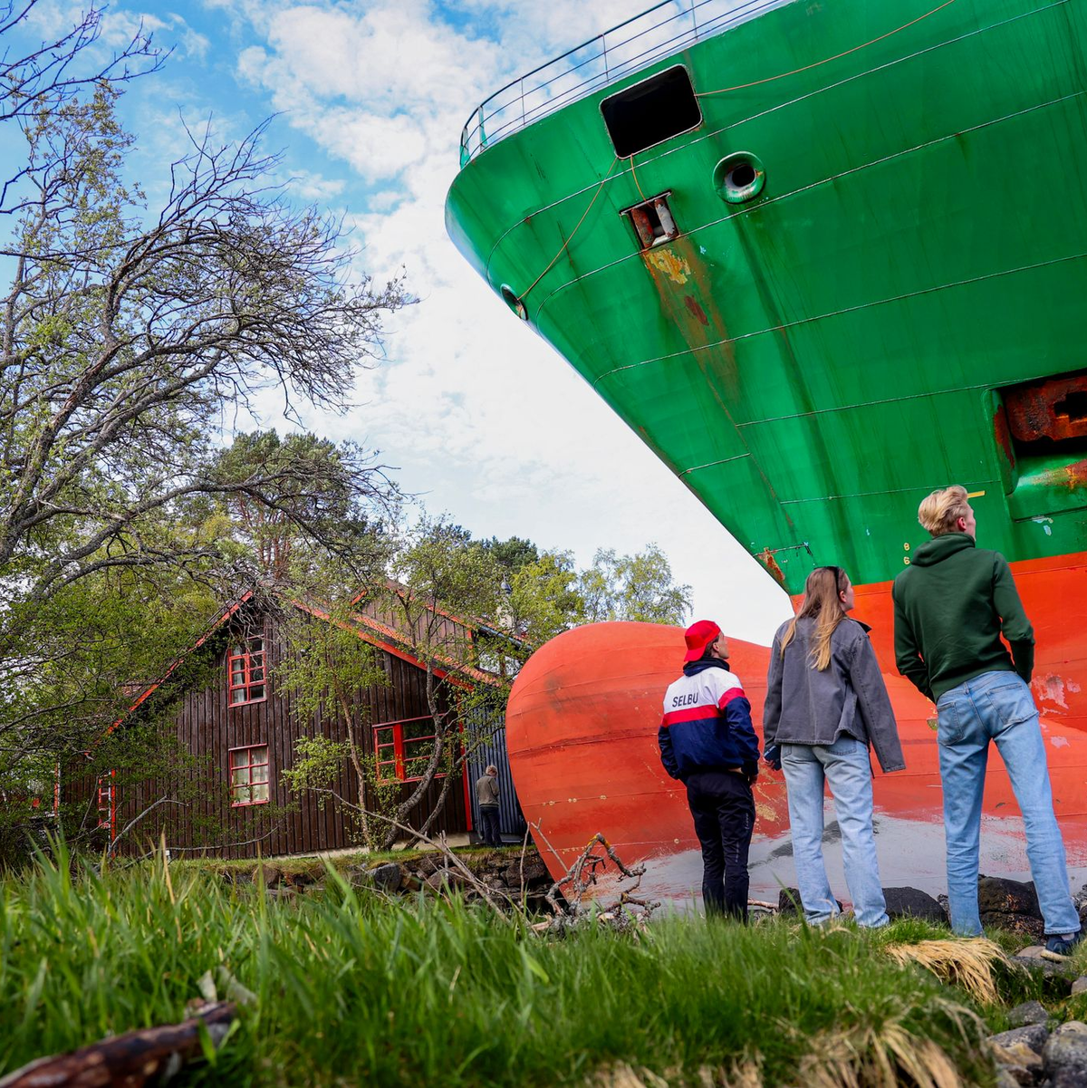 Da steht ein Containerschiff im Garten. - Foto: Jan Langhaug/NTB/dpa
