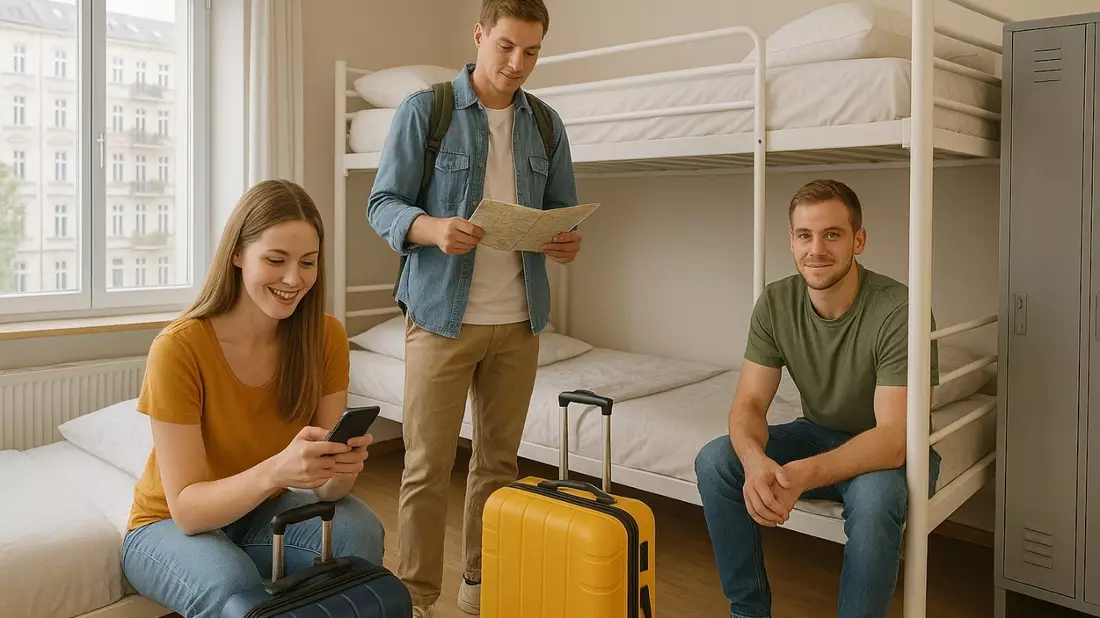 Preiswerte Hostels werden in Berlin überaus gerne gebucht, Illustration mit AI erstellt.