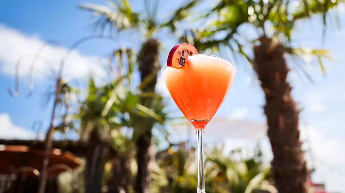 Ein Passionsfrucht Martini (auch Pornstar Martini oder Maverick Martini genannt) steht unter Palmen auf einem Tisch in einer Strandbar. - Bild: Christian Charisius/dpa