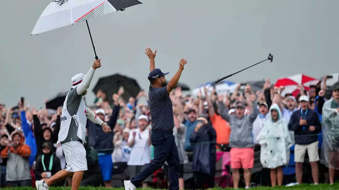 Spaun jubelt nach dem 20-Meter-Putt zum Sieg. - Bild: Carolyn Kaster/AP/dpa