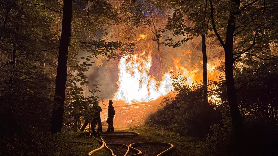 FW-E: Großer Holzstapel geht in Flammen auf - Feuerwehr verhindert Ausbreitung auf angrenzenden Wald - Bild: presseportal.de