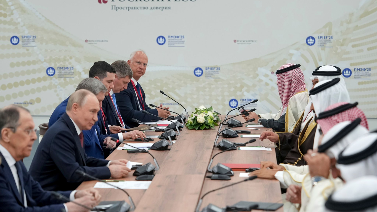 Beim Wirtschaftsforum in Petersburg sucht Putin auch nach internationalen Partnern wie hier bei einem Treffen mit einer Delegation aus Bahrain. - Foto: Aleksandr Zholobov/Roscongress Foundation/AP/dpa