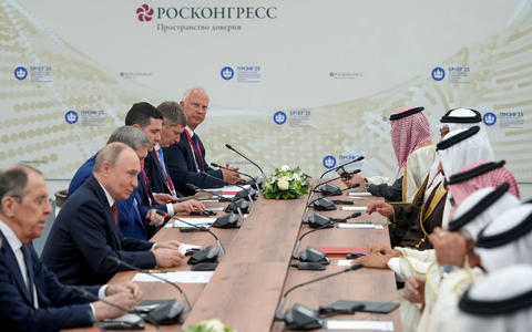 Beim Wirtschaftsforum in Petersburg sucht Putin auch nach internationalen Partnern wie hier bei einem Treffen mit einer Delegation aus Bahrain. - Foto: Aleksandr Zholobov/Roscongress Foundation/AP/dpa