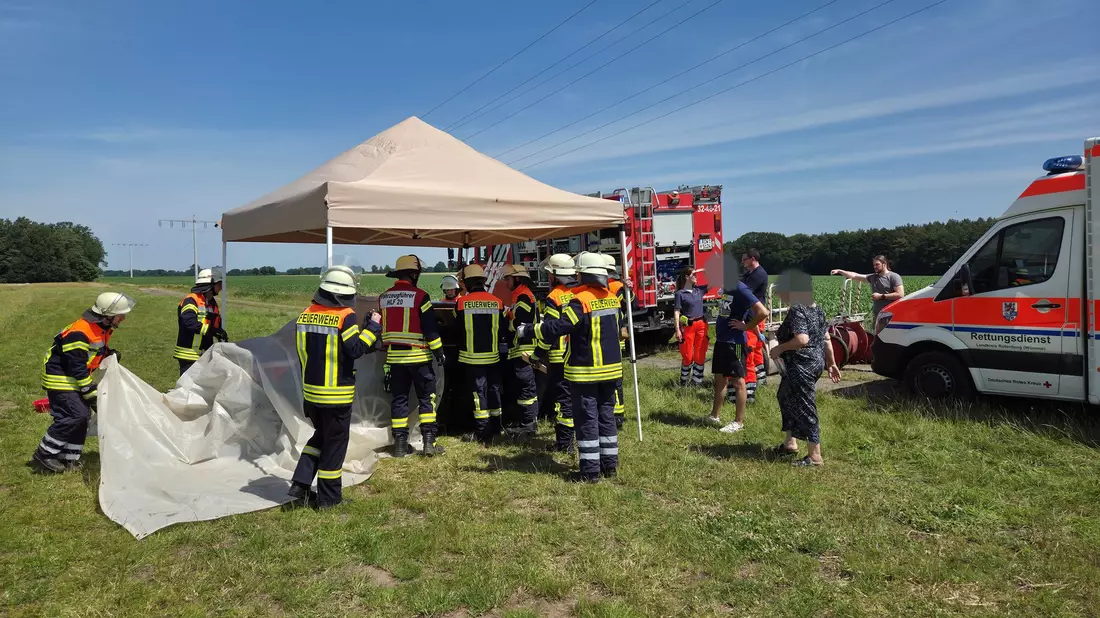 Drei Jungen sitzen bei großer Hitze im Auto und kommen nicht heraus. Die Feuerwehr zerstört schließlich eine Scheibe.   - Bild: Jonas Hermonies/Freiw. Feuerwehren Visselhövede/dpa