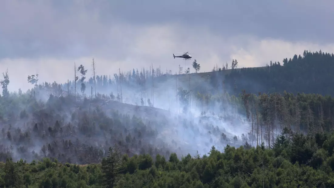 Rauchwolken bei Goslar: Hier wütet seit Sonntag ein Waldbrand. - Bild: Matthias Bein/dpa