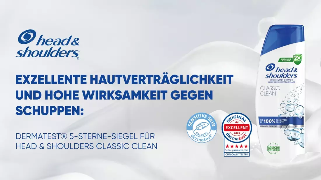 Exzellente Hautverträglichkeit und hohe Wirksamkeit gegen Schuppen: Dermatest® 5-Sterne-Siegel für Head & Shoulders Classic Clean - Bild: presseportal.de