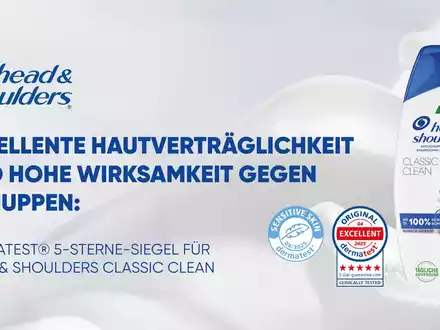Exzellente Hautverträglichkeit und hohe Wirksamkeit gegen Schuppen: Dermatest® 5-Sterne-Siegel für Head & Shoulders Classic Clean - Foto: presseportal.de