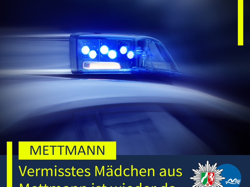 POL-ME: Vermisstes Mädchen aus Mettmann wohlbehalten angetroffen - 2507031 - Foto: presseportal.de
