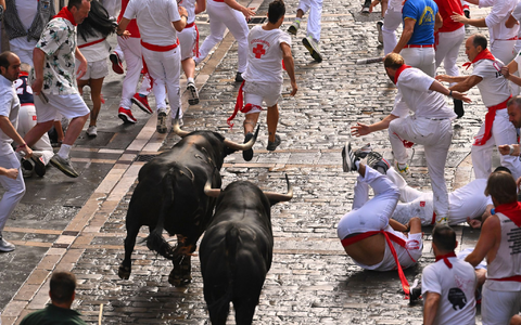 Auch beim dritten der insgesamt acht Läufe wurde einer der Teilnehmer durch einen Hornstoß verletzt. Er kam in ein Krankenhaus. - Foto: Miguel Oses/AP/dpa