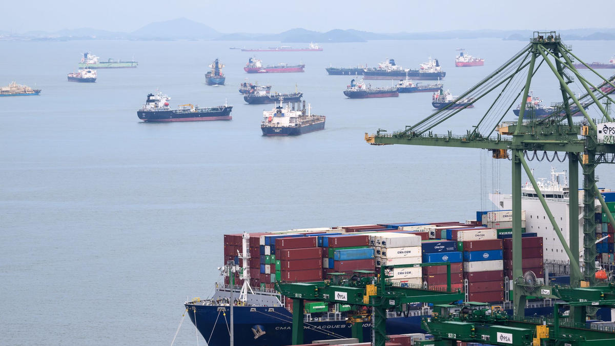 Vor Singapur warten Handelsschiffe. (Archivbild)  - Foto: Bernd von Jutrczenka/dpa