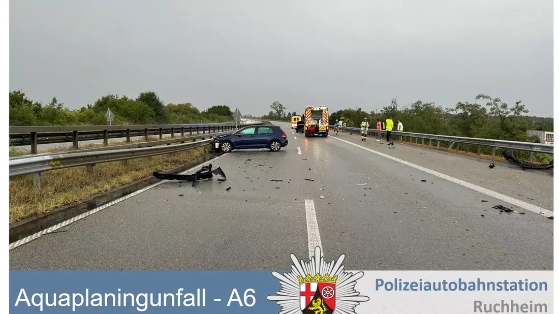 POL-PDNW: Polizeiautobahnstation Ruchheim - Aquaplaning-Unfälle auf der A6 Richtung Mannheim, Höhe Laumersheim. - Bild: presseportal.de