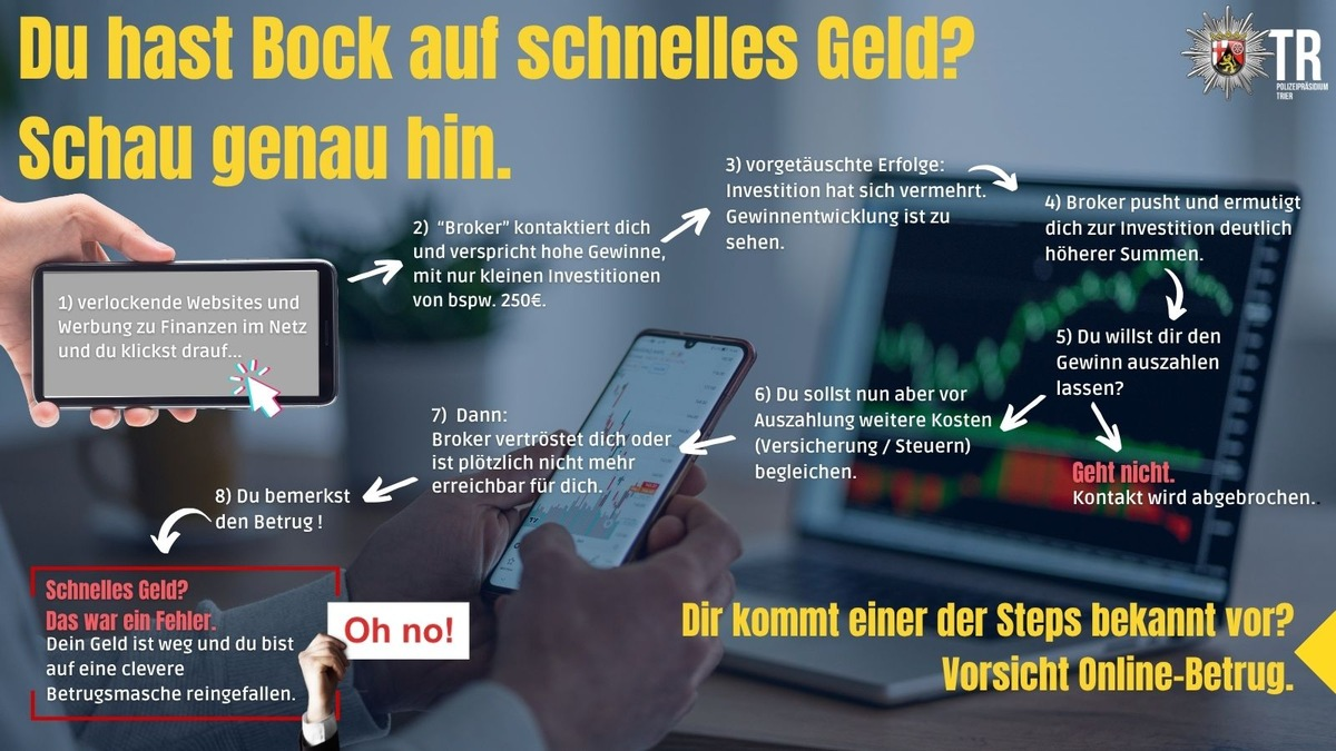 POL-PPTR: Wenn hohe Gewinnversprechen zu riesigen Verlusten werden: Polizei warnt vor Cyber-Trading-Fraud - Foto: presseportal.de