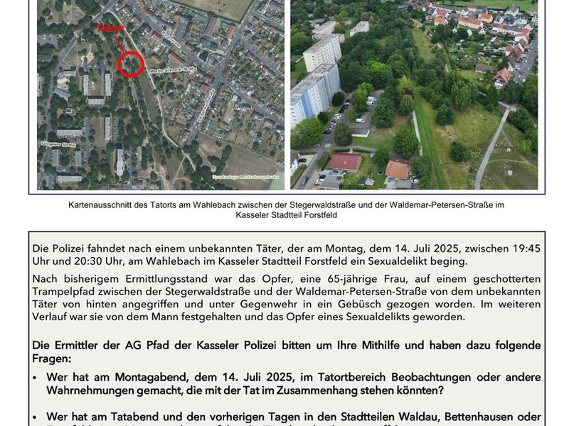 POL-KS: Folgemeldung zu Sexualdelikt am Wahlebach: Kripo richtet AG Pfad ein und sucht mit Fahndungsplakaten nach Zeugen - Foto: presseportal.de