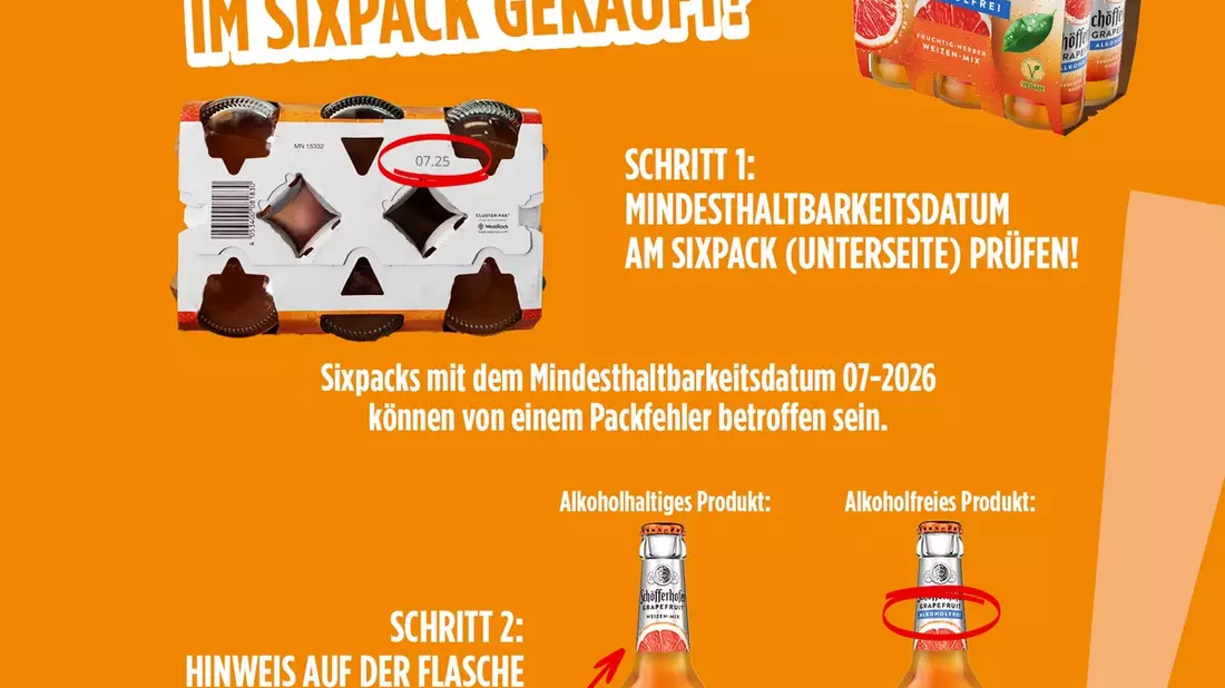 Die Schöfferhofer Weizenbier GmbH informiert über einen Verpackungsfehler / Einzelne Sixpacks von Schöfferhofer Weizen-Mix Grapefruit Alkoholfrei könnten alkoholhaltige Produktvariante enthalten - Bild: presseportal.de