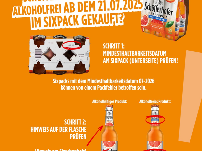 Die Schöfferhofer Weizenbier GmbH informiert über einen Verpackungsfehler / Einzelne Sixpacks von Schöfferhofer Weizen-Mix Grapefruit Alkoholfrei könnten alkoholhaltige Produktvariante enthalten - Foto: presseportal.de