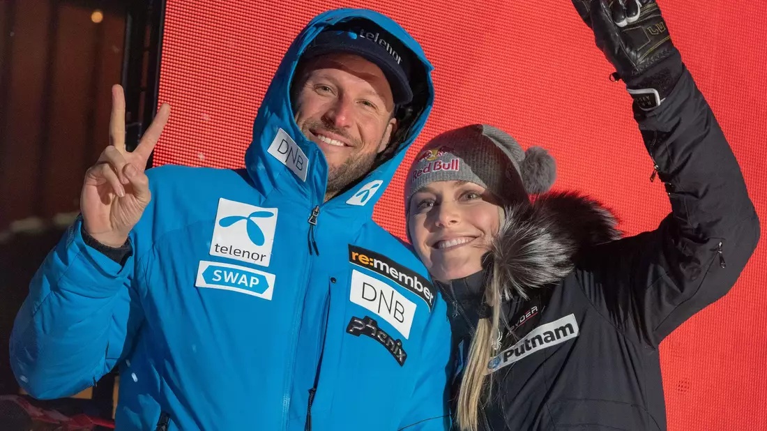 Aksel Lund Svindal und Lindsey Vonn bei der alpinen Ski-WM 2019 in Schweden. - Bild: Michael Kappeler/dpa