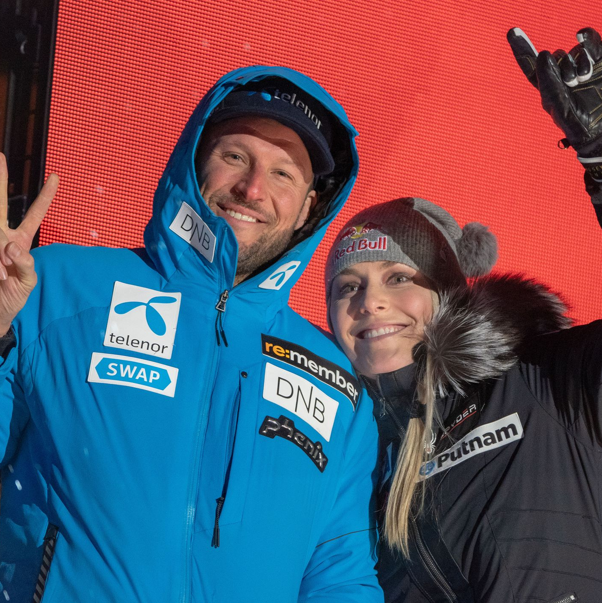 Aksel Lund Svindal und Lindsey Vonn bei der alpinen Ski-WM 2019 in Schweden. - Foto: Michael Kappeler/dpa