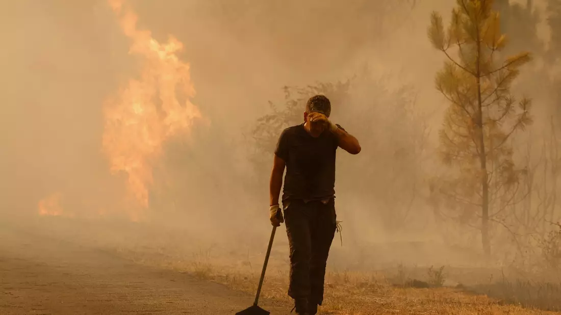 Die Brandbekämpfer sehen sich teilweise mit riesigen Feuerwänden konfrontiert, die durch stürmische Winde jederzeit schnell die Richtung ändern können.  - Bild: Lalo R. Villar/AP/dpa