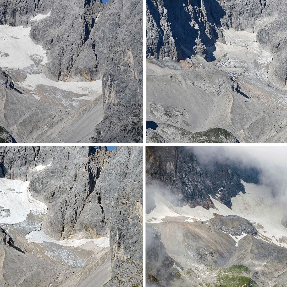 Der Höllentalferner in den Jahren 2021 bis 2024 (von links nach rechts in zwei Zeilen).  - Foto: Angelika Warmuth/Matthias Balk/dpa