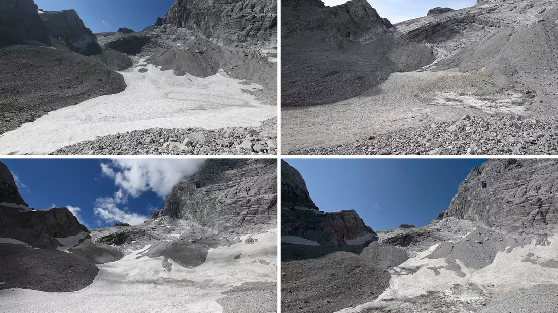 Der Watzmanngletscher in den Jahren 2021 bis 2024 (von links nach rechts in zwei Zeilen).  - Bild: Angelika Warmuth/dpa