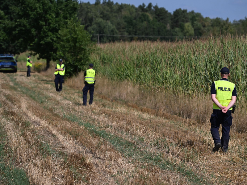 Polnische Polizisten sichern das Gebiet eines Maisfeldes in Osiny in Ostpolen, in das ein unbekanntes Flugobjekt gestürzt ist. (Foto aktuell) - Foto: Wojtek Jargilo/PAP/dpa