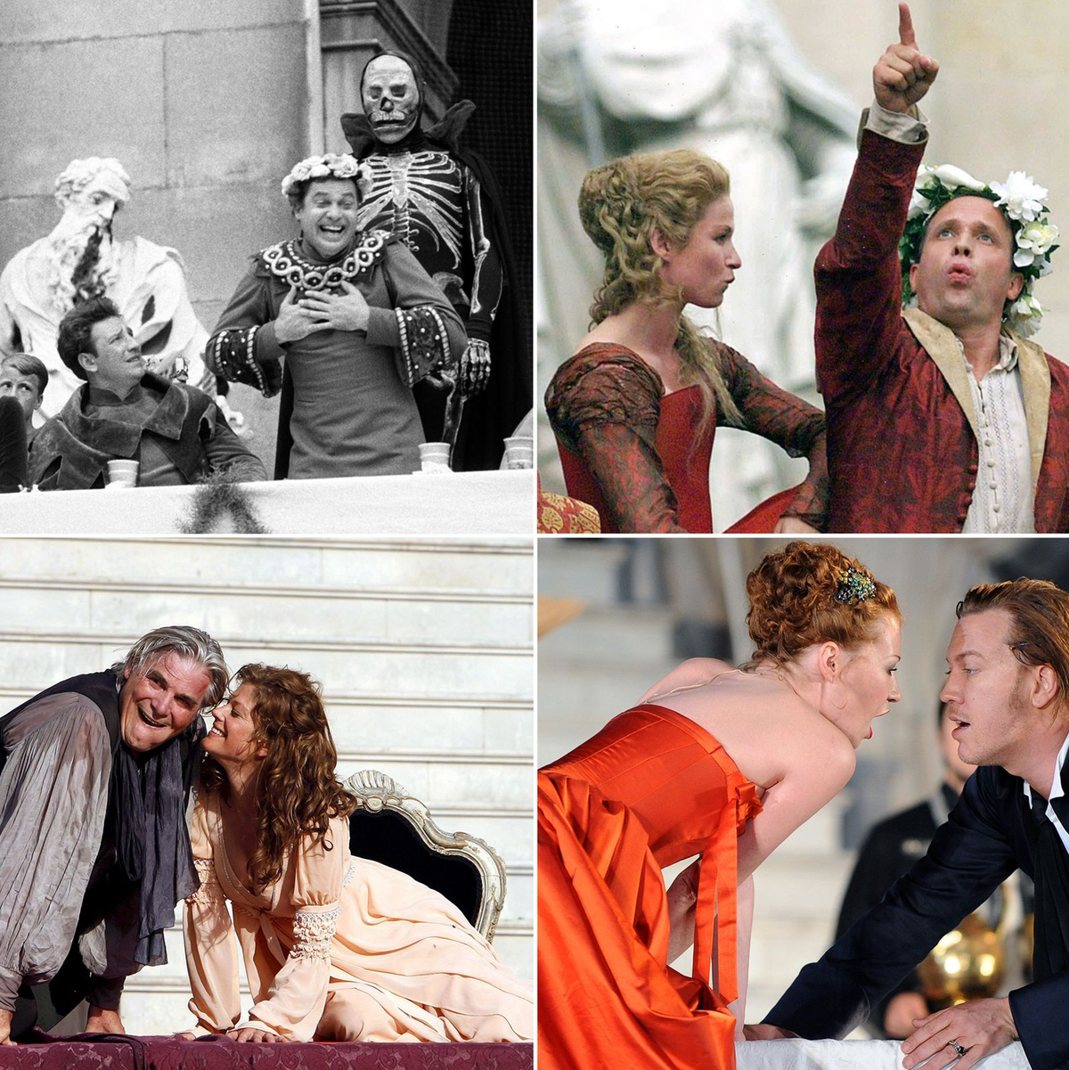 Die Bildkombo zeigt Probenfotos der Salzburger Festspiele von verschiedenen Schauspielern in der Rolle des Jedermann - von oben links nach rechts: 1963 Walter Reyer, 1999 Ulrich Tukur (mit Dörte Lyssewski); unten links nach rechts: 2007 Peter Simonischek (mit Marie Bäumer), 2011 Nicholas Ofczarek (mit Birgit Minichmayr). - Foto: picture alliance / dpa