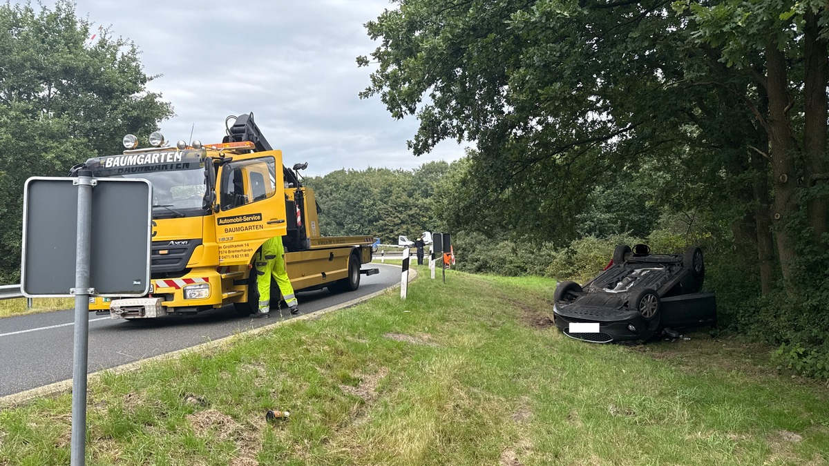 POL-CUX: Verkehrsunfall auf der BAB27 - PKW überschlägt sich im Bereich der Abfahrt - Glücklicherweise niemand verletzt (Foto im Anhang) ++++ Verkehrsunfallflucht in Bad Bederkesa - Foto: presseportal.de