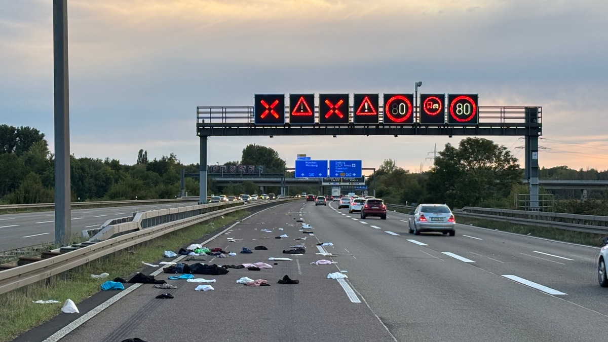 POL-OF: Autobahnpolizei sammelte Inhalt von Dachbox ein: Fahrspuren zeitweise gesperrt - Foto: presseportal.de