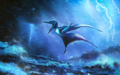 Starke Windböe brechen die zarten Knochen: Künstlerische Darstellung eines kleinen Pterodactylus-Babys in einem Tropengewitter. - Foto: Rudolf Hima/EurekAlert/dpa