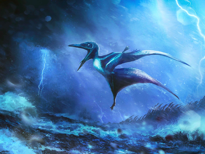 Starke Windböe brechen die zarten Knochen: Künstlerische Darstellung eines kleinen Pterodactylus-Babys in einem Tropengewitter. - Foto: Rudolf Hima/EurekAlert/dpa