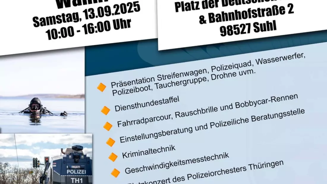 LPI-SHL: Nur noch 3 Tage - Polizei in Südthüringen am 13.09.2025, 10 bis 16 Uhr, auf dem Platz der Deutschen Einheit - Bild: presseportal.de