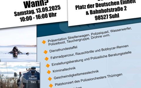LPI-SHL: Nur noch 3 Tage - Polizei in Südthüringen am 13.09.2025, 10 bis 16 Uhr, auf dem Platz der Deutschen Einheit - Foto: presseportal.de
