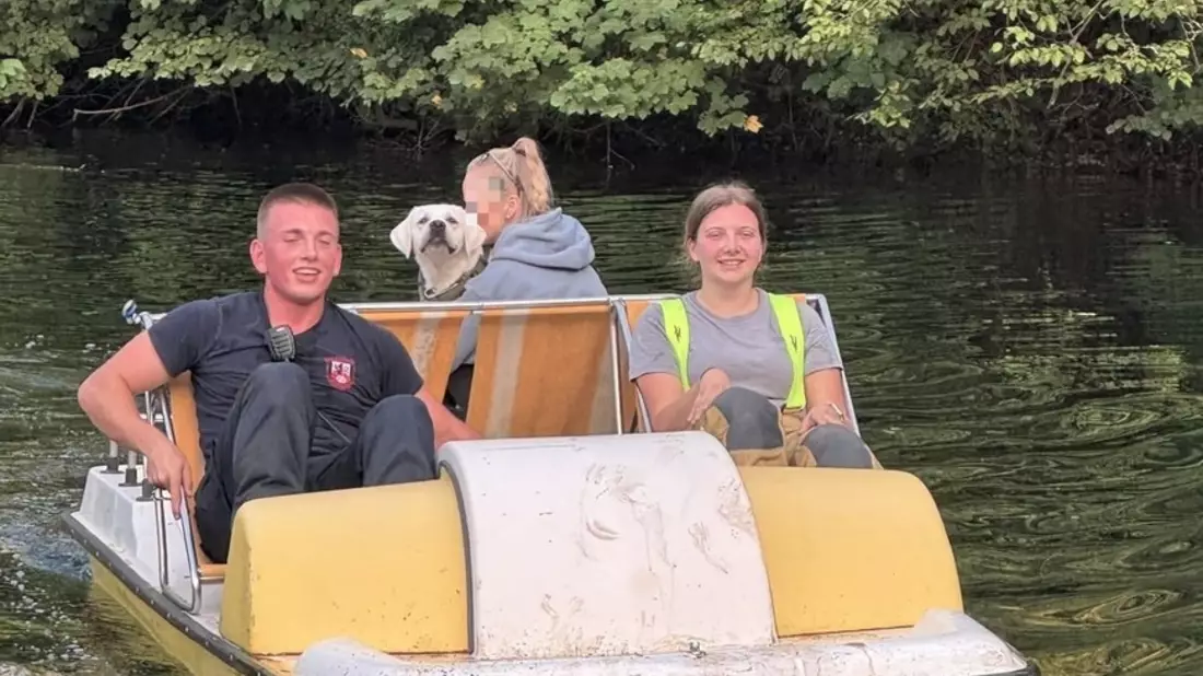 FW Ratingen: Labrador stürzt in alten Steinbruch - Feuerwehr Ratingen rettet Tier mit Tretboot über Wasserweg - Bild: presseportal.de