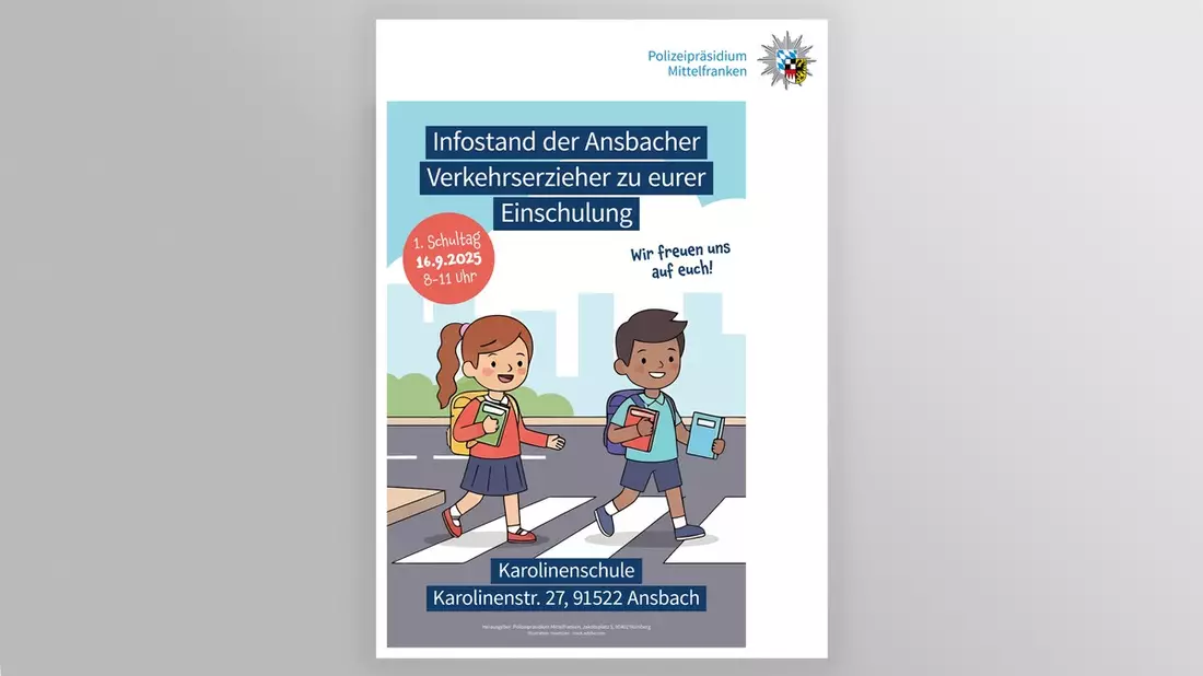 POL-MFR: (886) Schulstart in Bayern - Das Polizeipräsidium Mittelfranken informiert an einem Infostand in Ansbach über die Gefahren des Schulwegs - Erinnerung an die Einladung an Medienvertreter - Bild: presseportal.de