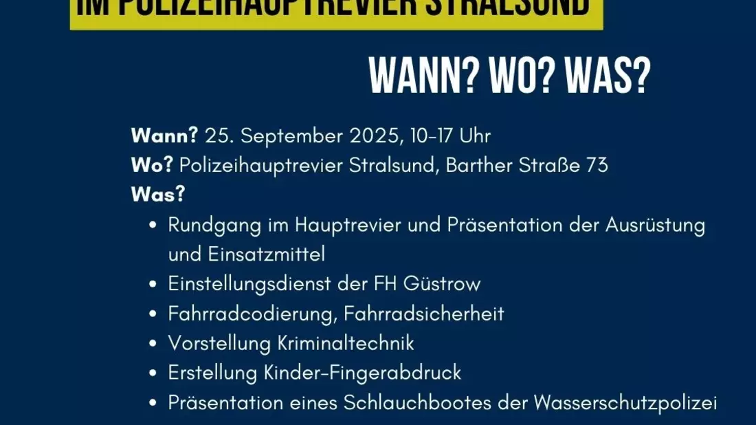 POL-NB: Blaulichttag im Polizeihauptrevier Stralsund am 25. September 2025 - Bild: presseportal.de