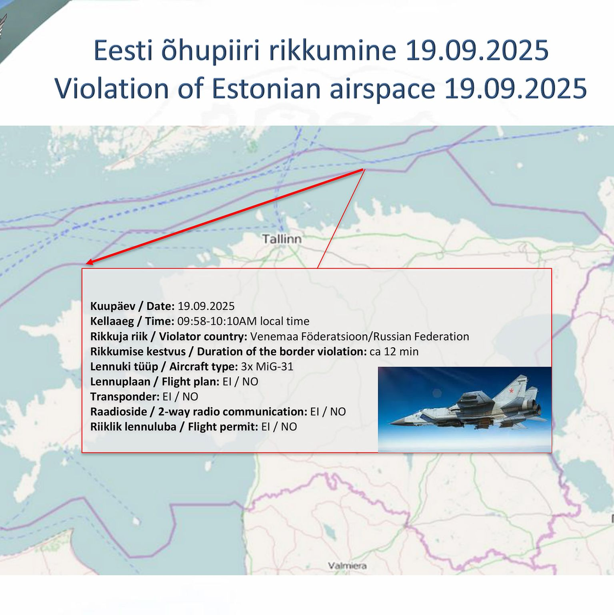 Diese Karte dokumentiert estnischen Angaben zufolge den Ablauf der Luftraumverletzung. - Foto: Rasmus Jürilo/Estnisches Verteidigungsministerium/dpa