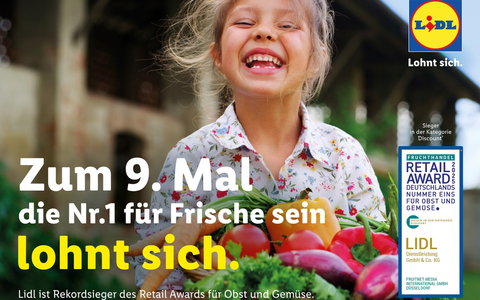 Neunmal an der Spitze: Lidl ist Deutschlands Champion für Obst und Gemüse / Lidl verteidigt seinen Titel und holt erneut den renommierten Fruchthandel Magazin Retail Award in der Kategorie Discount - Foto: presseportal.de
