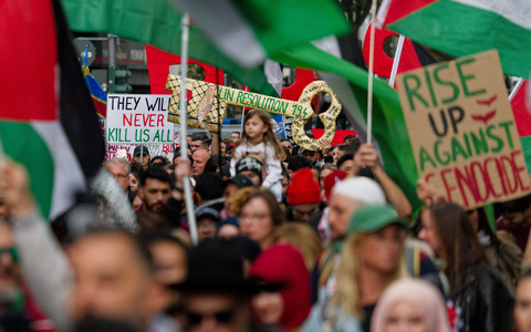 Sehr viele Transparente erhoben den Vorwurf des «Völkermords», den Israel strikt zurückweist. - Foto: Henning Kaiser/dpa