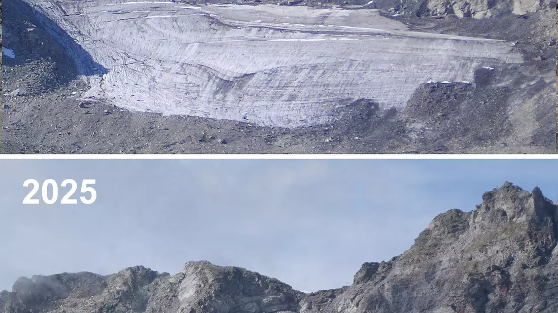Der Pizolgletscher im Kanton St. Gallen ist zwischen 2006 und 2025 stark geschrumpft.(Kombo) - Bild: Matthias Huss/Glamos Gletschermessnetz/Akademie der Naturwissenschaften Schweiz (SCNAT)/dpa